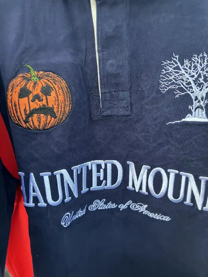 American Retro Shirt Y2K Sweatshirt Mens Womens Halloween Pumpkin Head Embroidered Oversized Sweatshirt Casual Cotton Tops